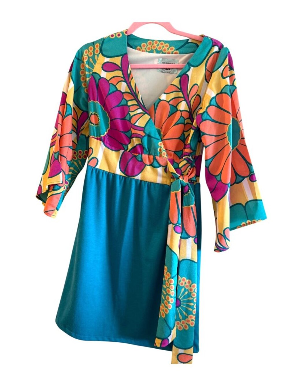 Judith March Anthropologie Floral Faux Wrap Dress Bell Sleeve Sm Boho Funky Mod